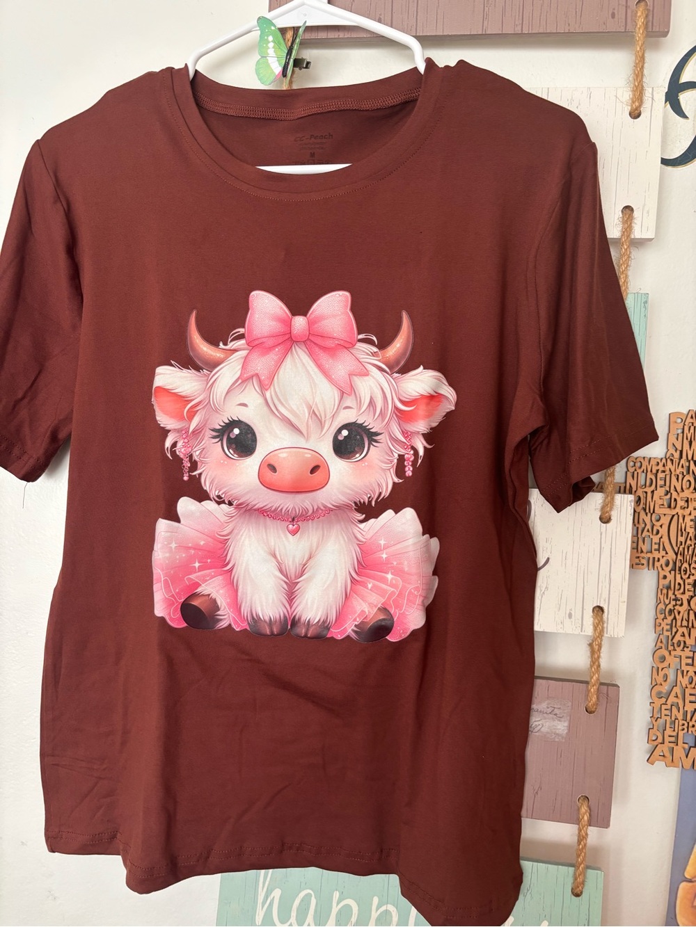 Kids Brown Tee with Pink Bow Cow Graphic